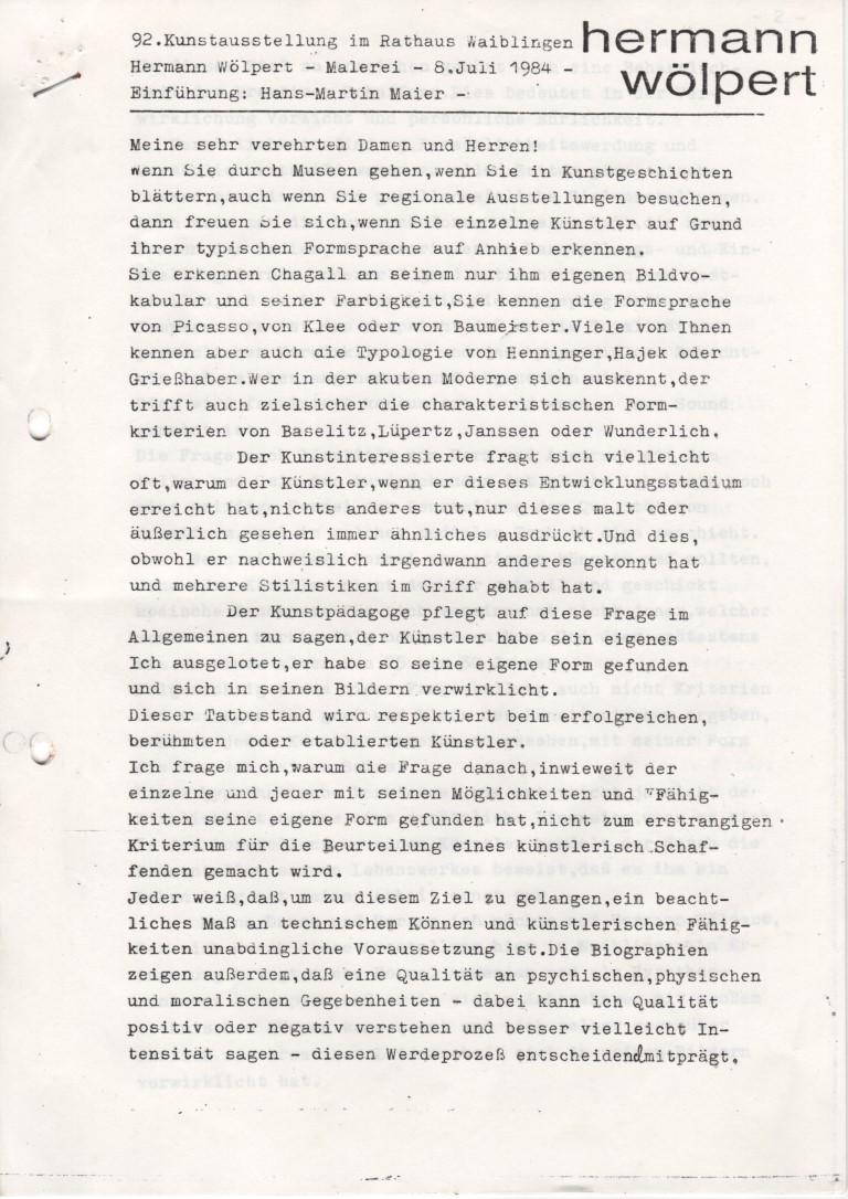 Woelpert Hermann Waiblingen Hans Martin Maier Ausstellung Juli 1984