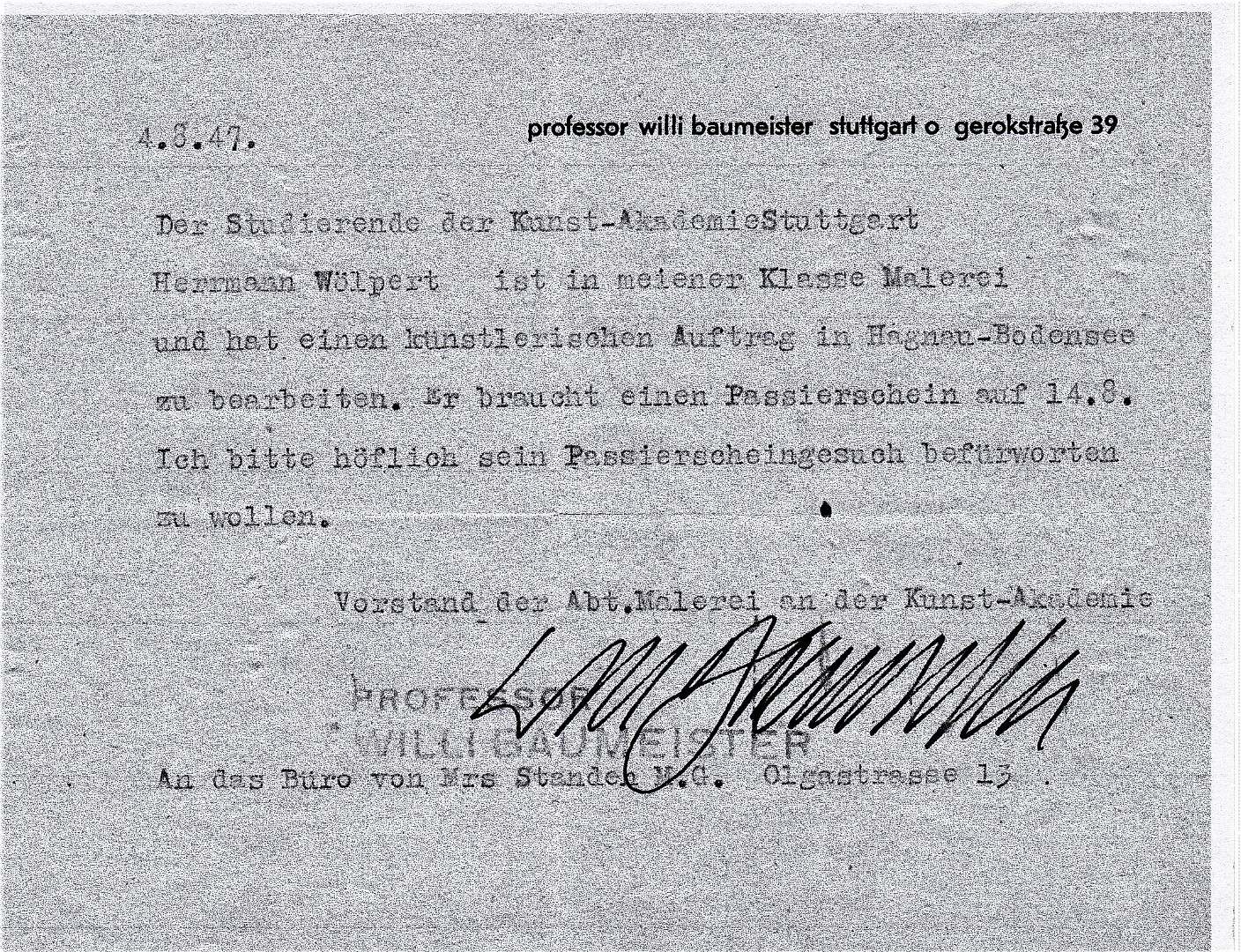 zz Passierschein Hermann Woelpert Willi Baumeister Stuttgart 1947